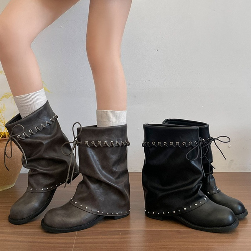 Leatherwork Rivets - Sepatu Bot Wanita Model Longgar Setinggi
