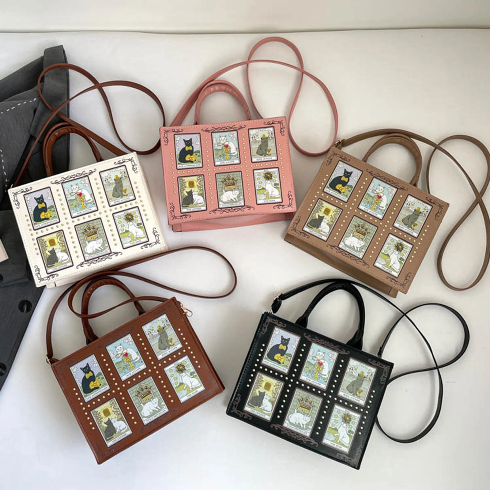 Leatherwork Rivets - Tas Tote Motif Kucing untuk Wanita,
