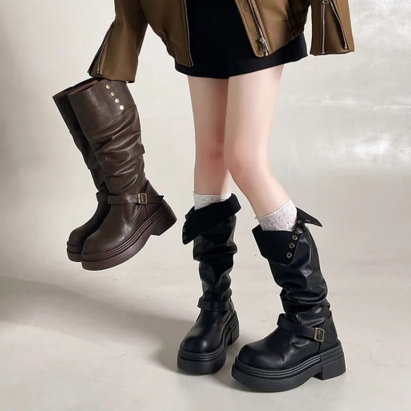 Sepatu Bot Punk Setinggi Lutut - Leatherwork Rivets ulasan dan harga